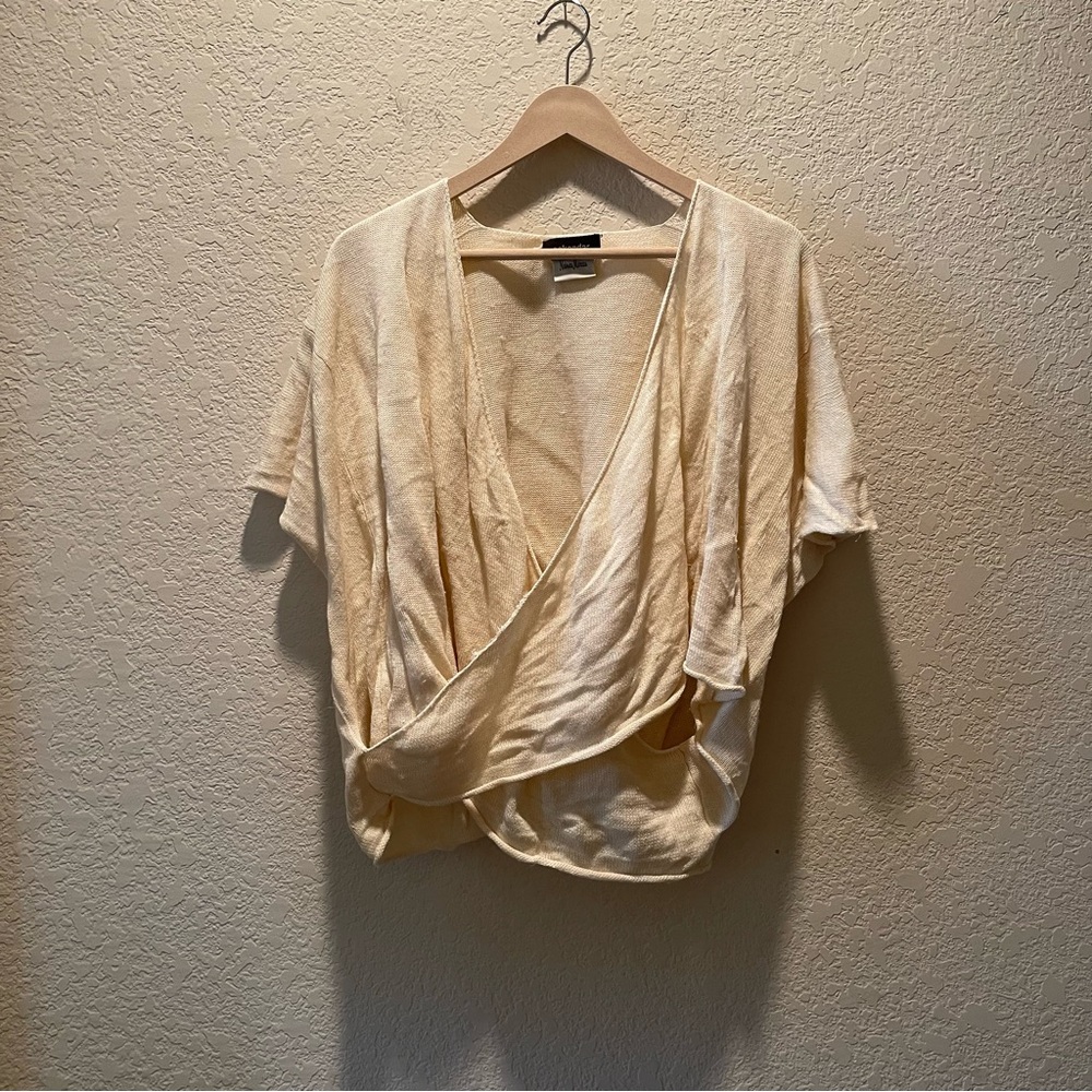 Eskandar 100% linen cream faux wrap front oversized lagen look pullover